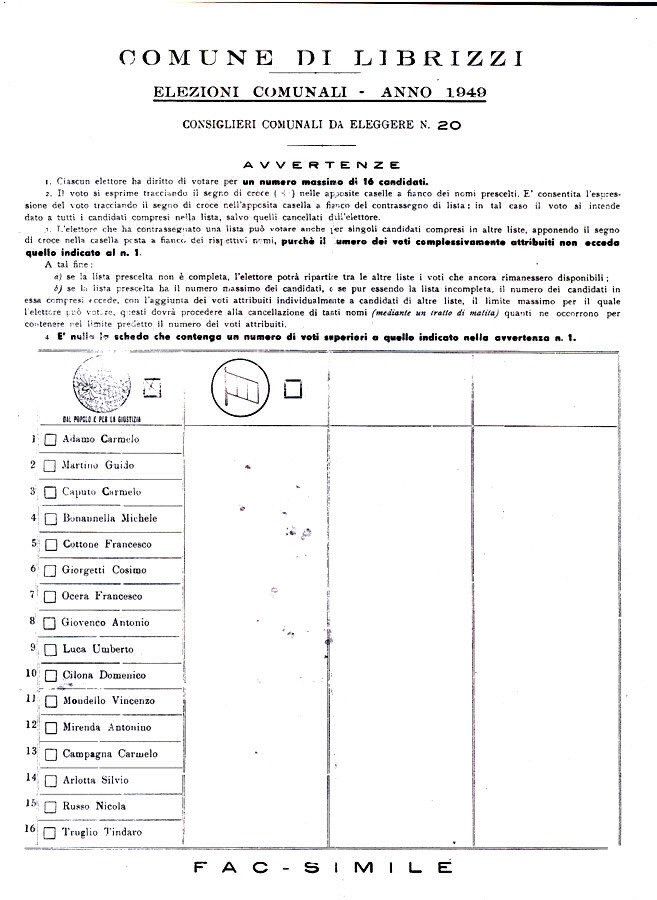 ac-simile della lista "operosit� e concordia" - elezioni amministrative librizzi anno 1949 